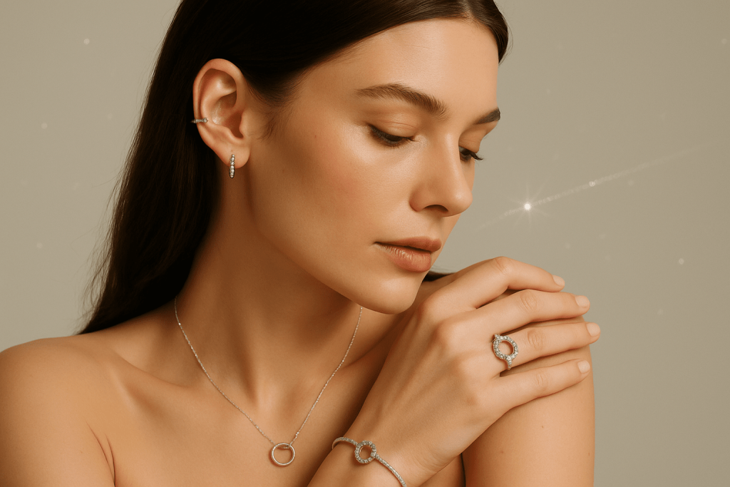 Model wearing matching silver halo jewelry set including earrings, ring, necklace, and bracelet.