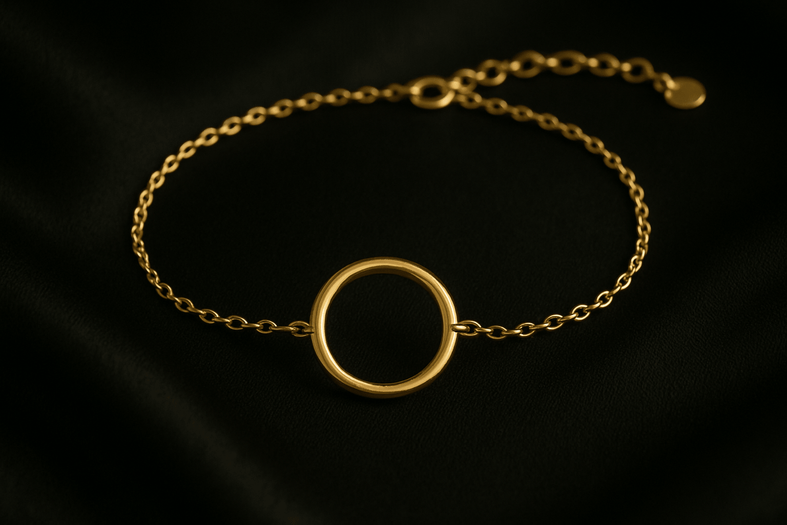 Gold chain bracelet with a centered open circular charm on black satin background