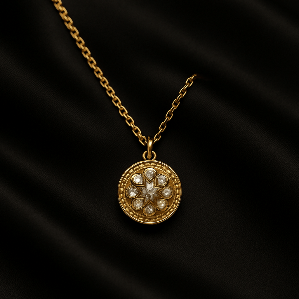 Gold medallion necklace featuring starburst and gemstone details, on black satin fabric