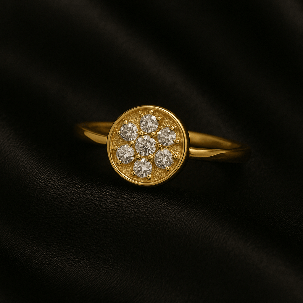 gold ring with a cluster of brilliant diamonds in circular pattern.