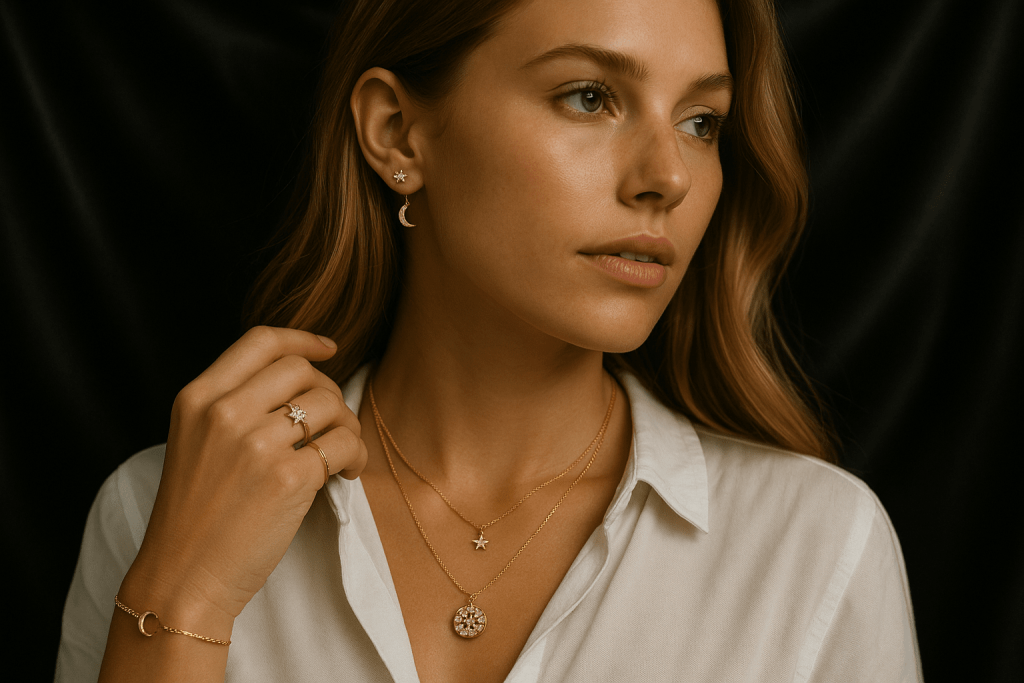Woman wearing the Lunar Collection featuring layered necklaces, celestial earrings, and gold bracelets.