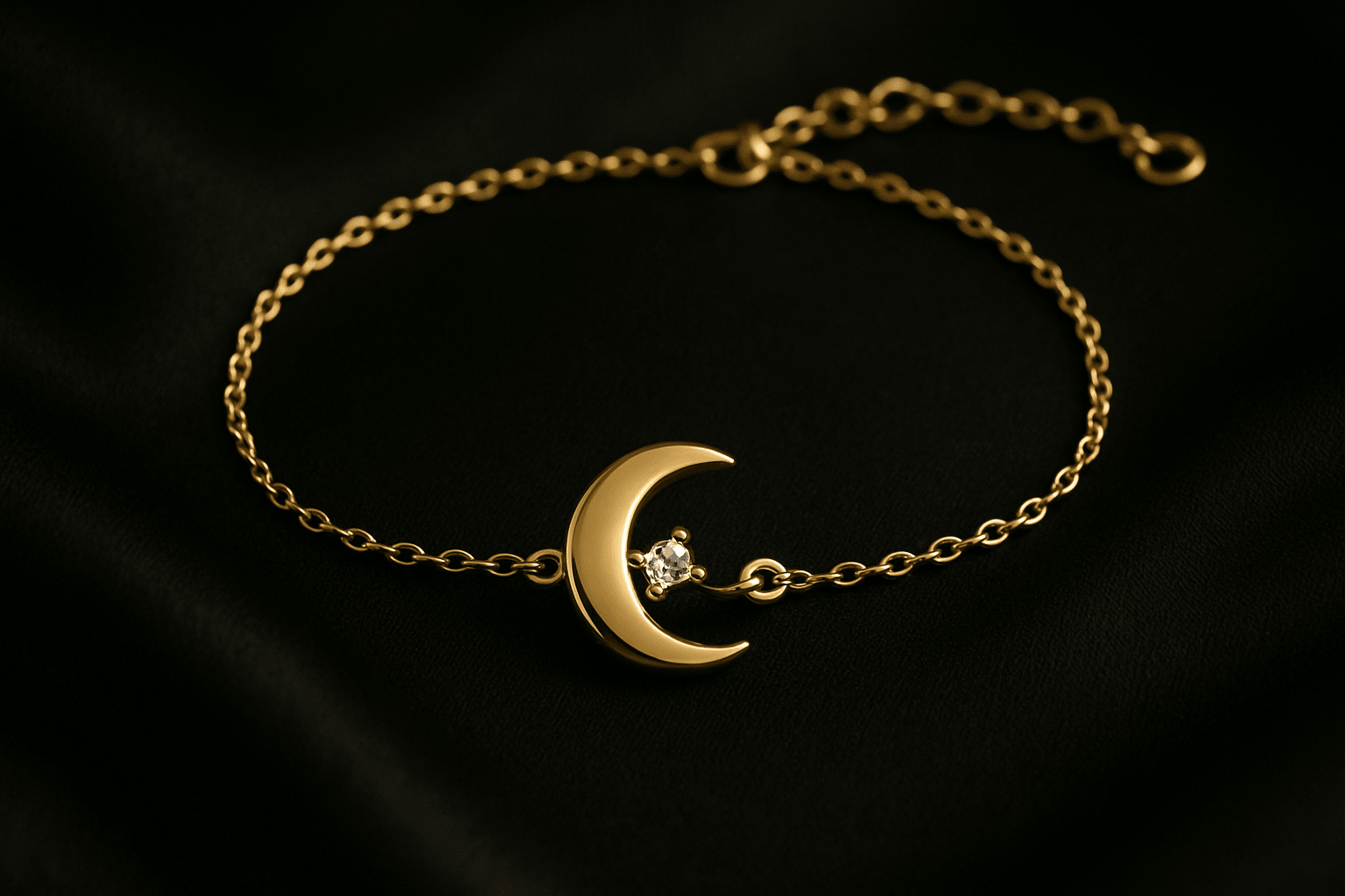 Delicate gold chain bracelet featuring a crescent moon with a central diamond accent