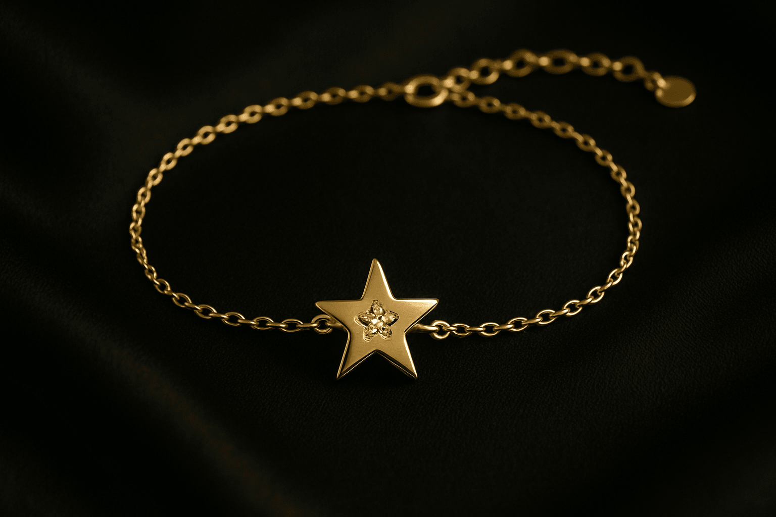 Slim gold bracelet with a central star charm and single diamond accent