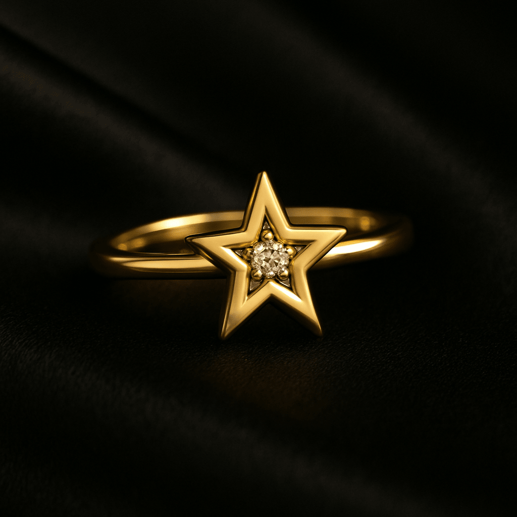 Bold star-shaped gold ring with central diamond setting