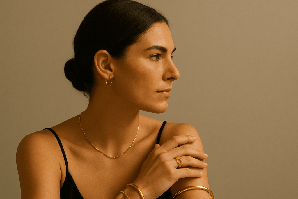 Woman wearing a mix of gold jewelry pieces from the Essentials Collection